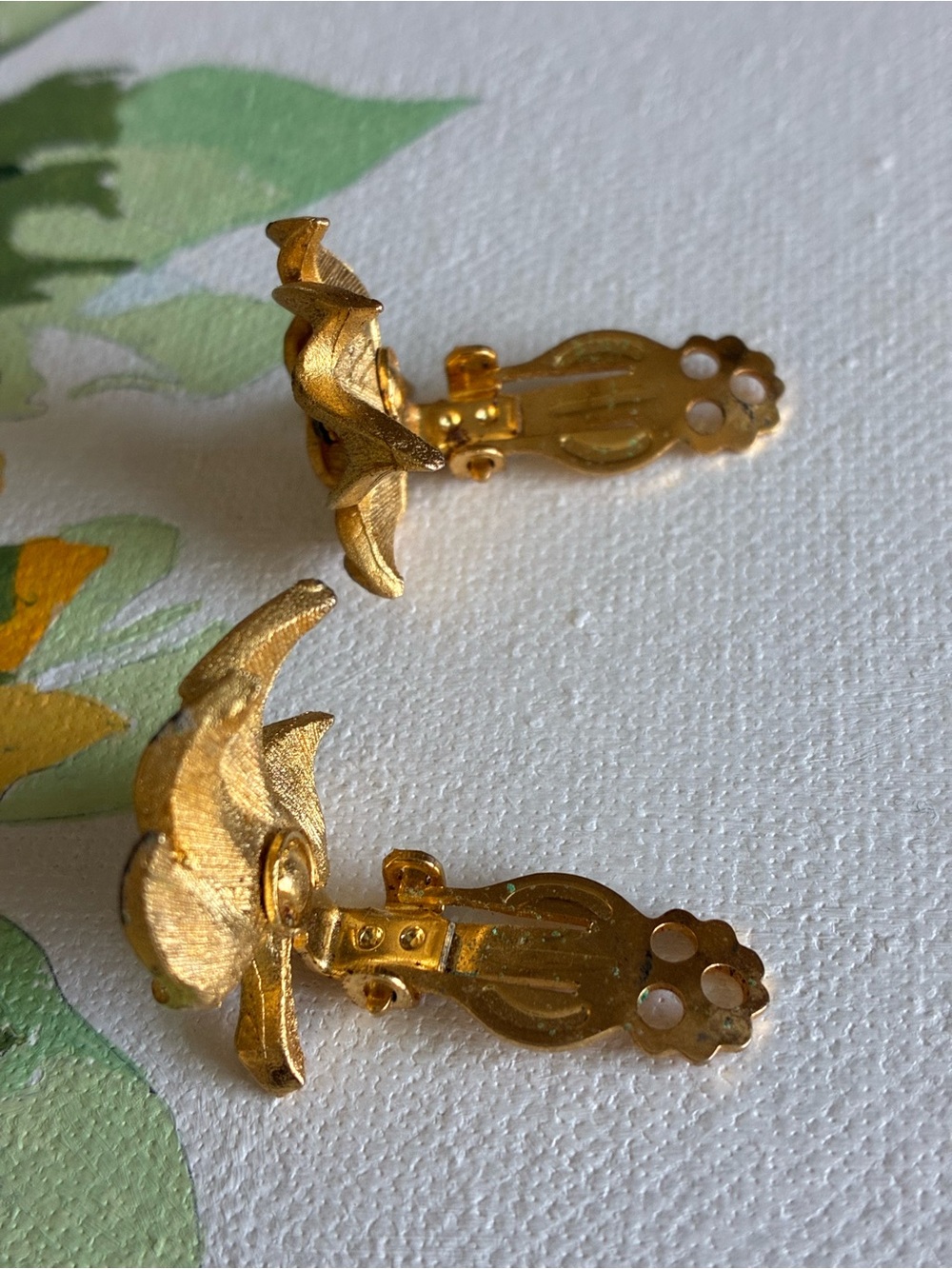 Gold Floral Clip-On Earrings with Crystal Accent - Picture 3 of 4